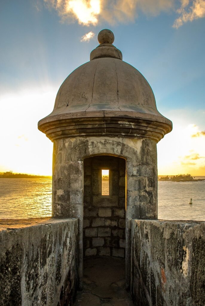 puerto rico, castle, lookout, watch, ocean, sunset, sun burst, historic, architecture, tower, fortress, building, historically, watchtower, history, sky, tourism, wall, walls, old, defense, protection, vacations, landscape, brown history, nature, brown watch, brown castle